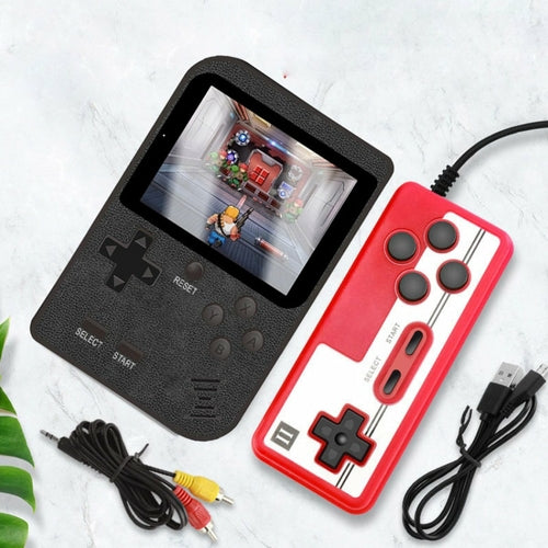 Black handheld gaming console with a red controller on a white background