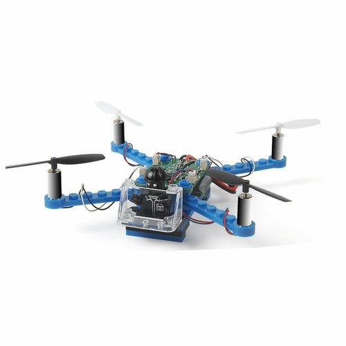 Small drone with visible electronics on a white background