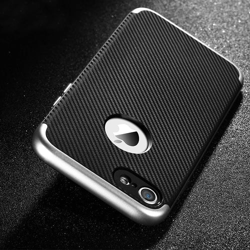 Black textured phone case with a brand logo on a dark background