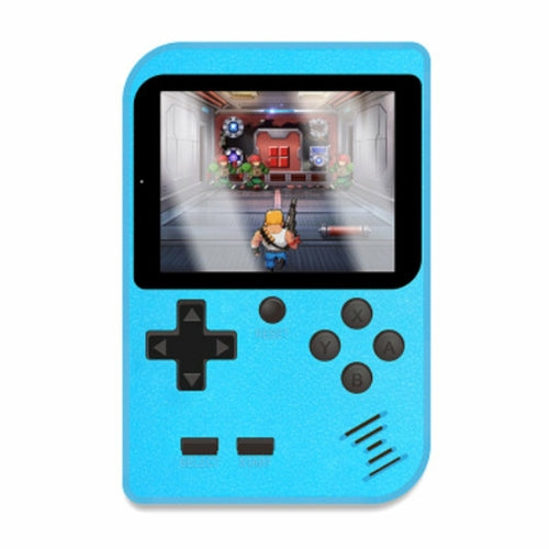 Blue handheld gaming console with a screen displaying a game.