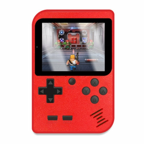 Red handheld game console with a screen displaying a video game on a white background
