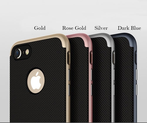 Four phone cases in gold, rose gold, silver, and dark blue on a light gray background.