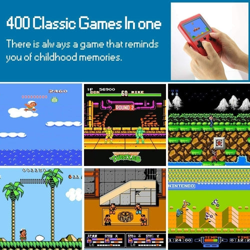 Collage of classic video games on a handheld device with text about childhood memories.