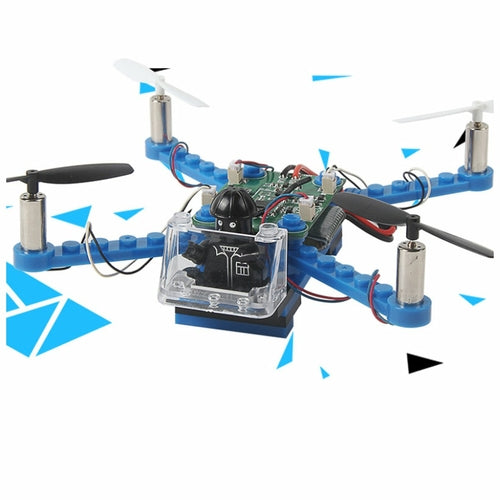 Hexacopter drone model with blue frame and visible wiring on a white background