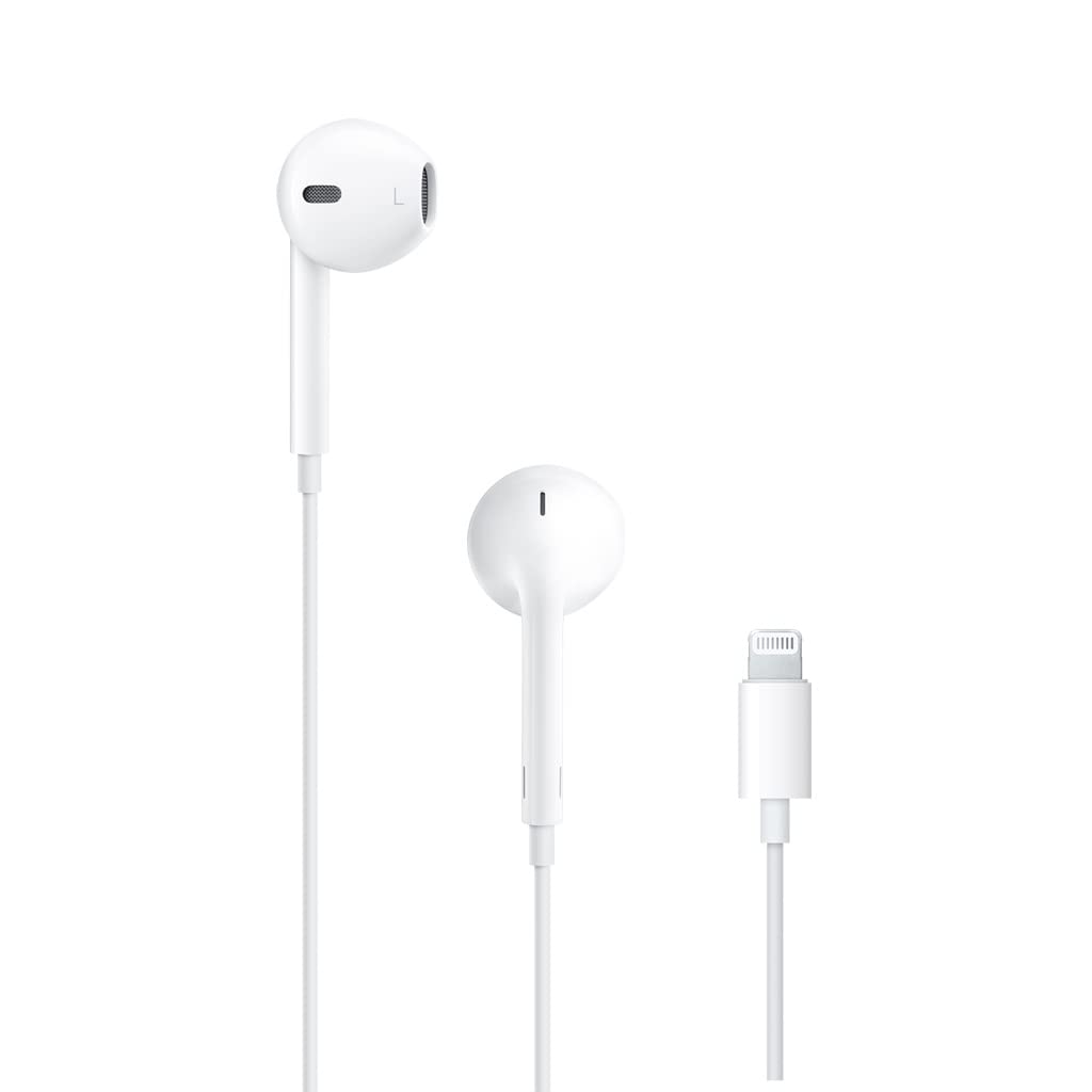 White earphones with Lightning connector on a white background