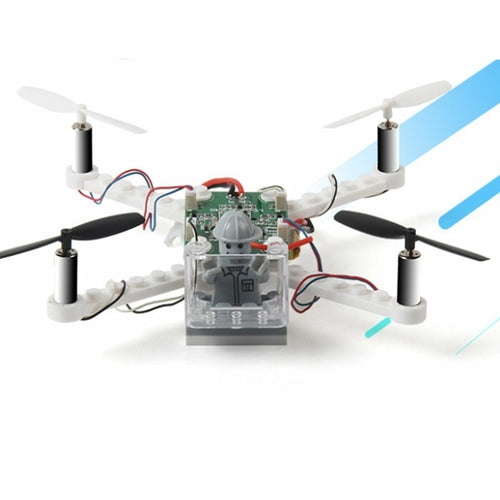 Blue and black drone with visible wiring on a white background