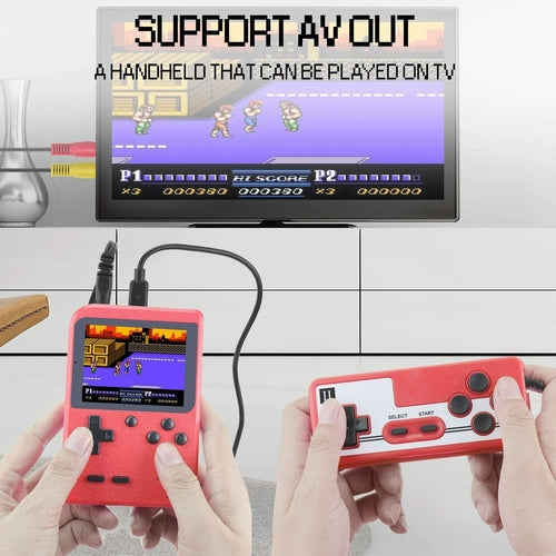 Handheld gaming console with TV displaying a game, connected by a cable.