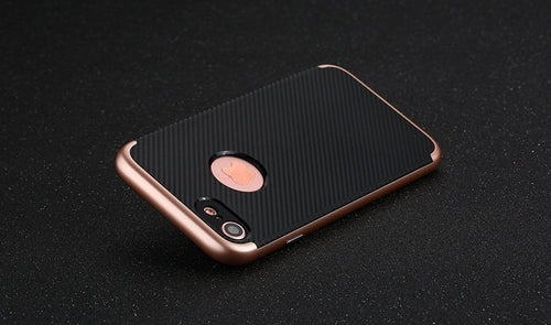 Black textured phone case with a brand logo on a dark background