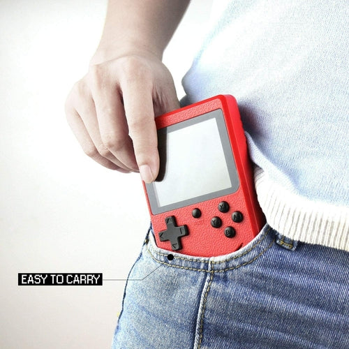 Red handheld gaming console held by a person with text 'Easy to Carry'.