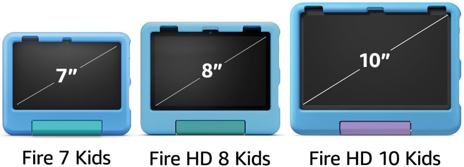 Three tablet cases with screen size indicators for Fire 7 Kids, Fire HD 8 Kids, and Fire HD 10 Kids on a blue background.