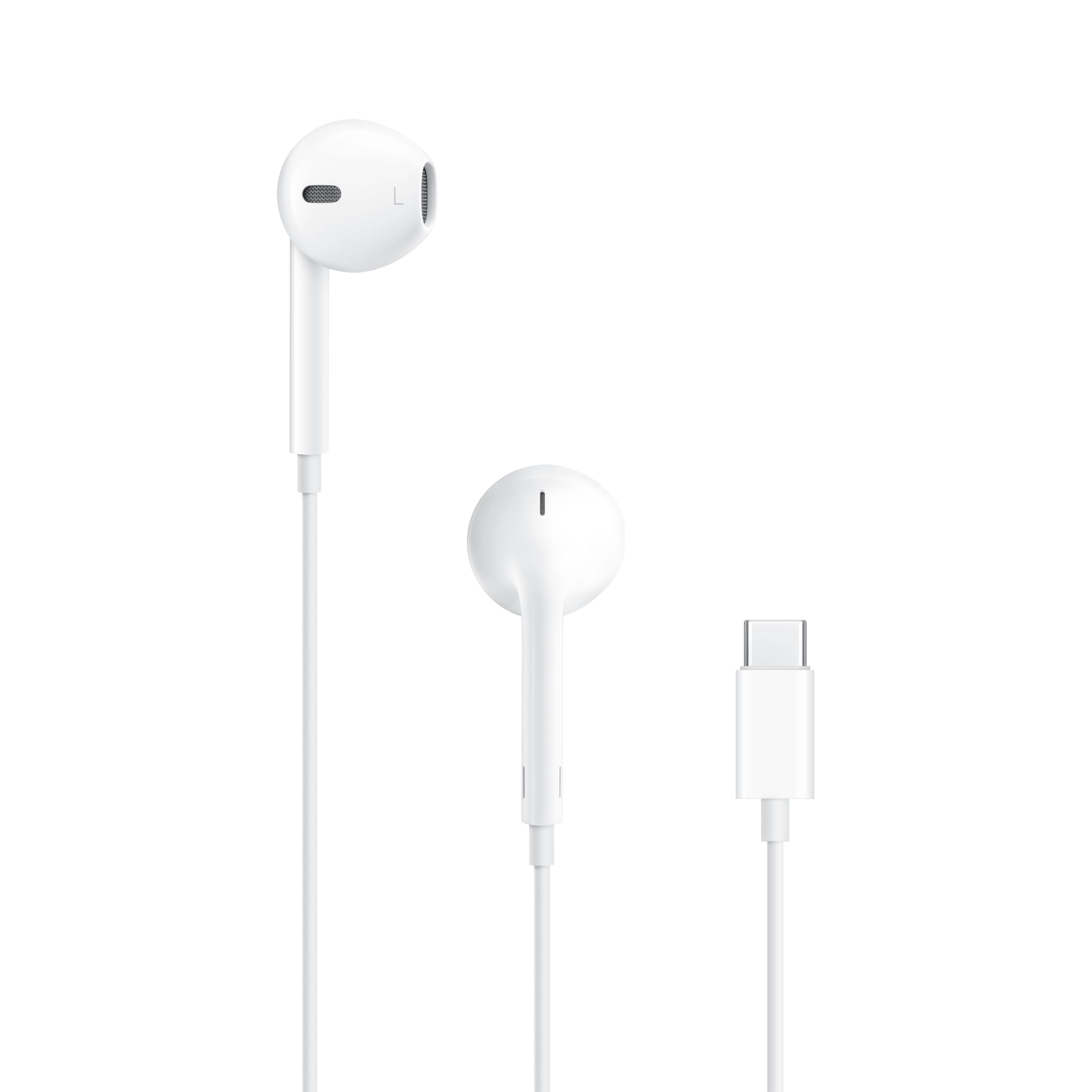White earphones with USB-C connector on a white background