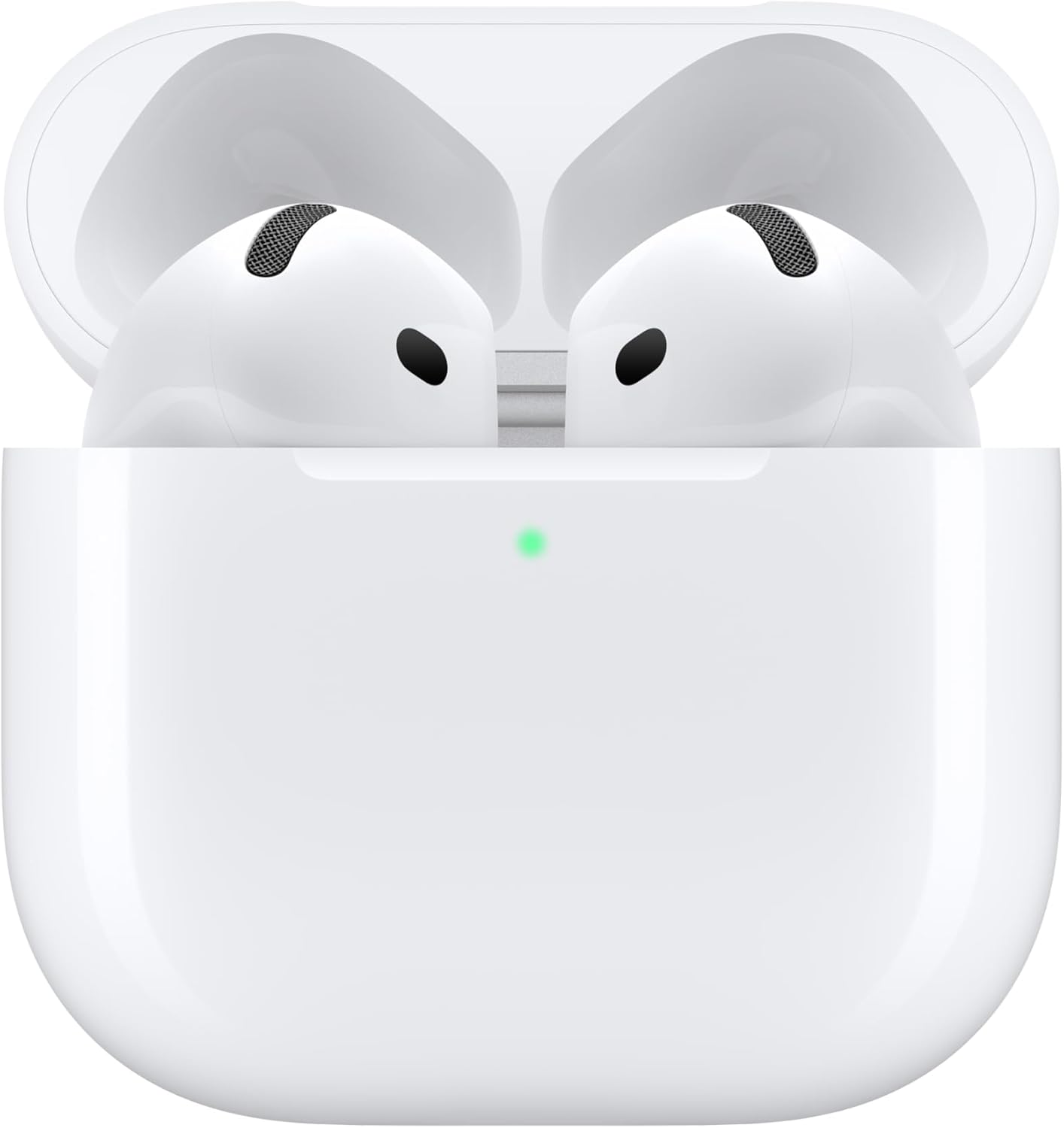 White wireless earbuds in a charging case with a green light indicator.