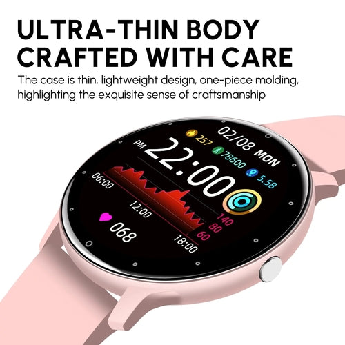 Smartwatch with a black strap on a white background, featuring text about its ultra-thin design.