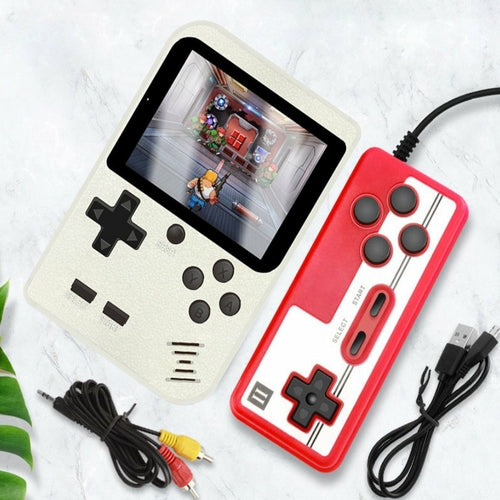 Handheld gaming console with screen and red controller on a white background