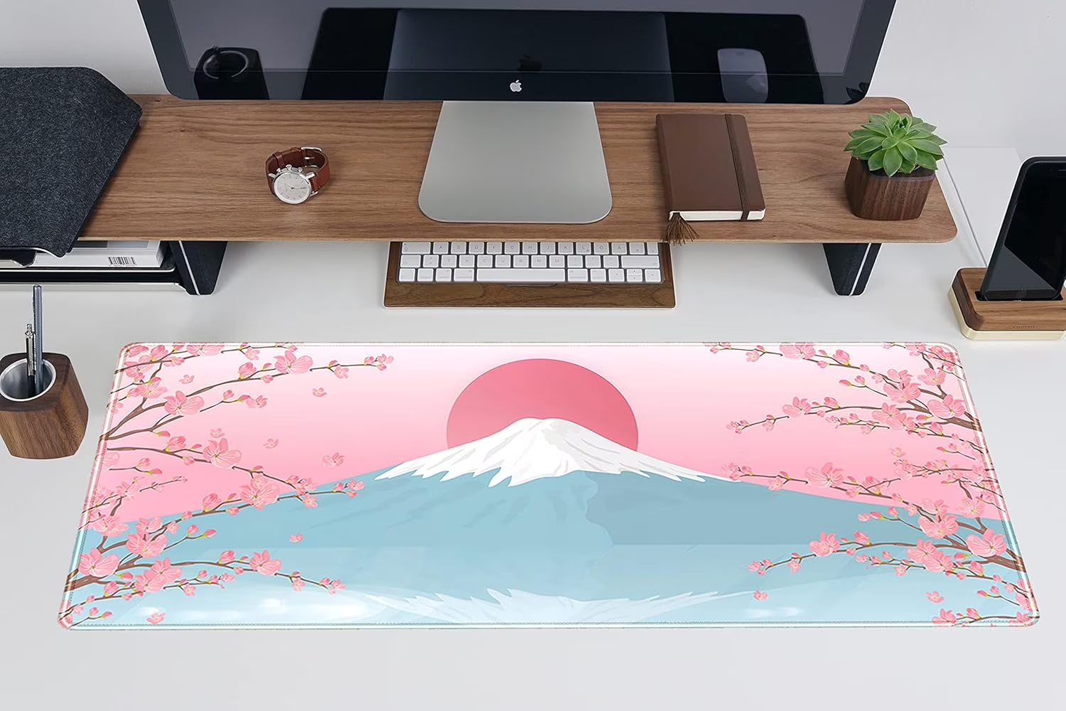 Aesthetic Japanese Cherry Blossom Desk Mat Cute Pastel Blue Color XL Sakura Gaming Mouse Pad Anime Mousepad for Women Desk Office Girl Gamer Cherry Blossoms Mouse Pads Fun Desktop Mat 31.5X11.8 In