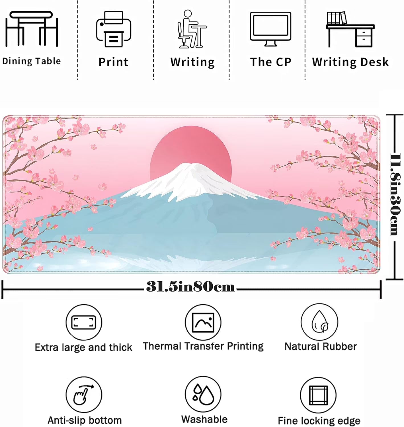 Aesthetic Japanese Cherry Blossom Desk Mat Cute Pastel Blue Color XL Sakura Gaming Mouse Pad Anime Mousepad for Women Desk Office Girl Gamer Cherry Blossoms Mouse Pads Fun Desktop Mat 31.5X11.8 In
