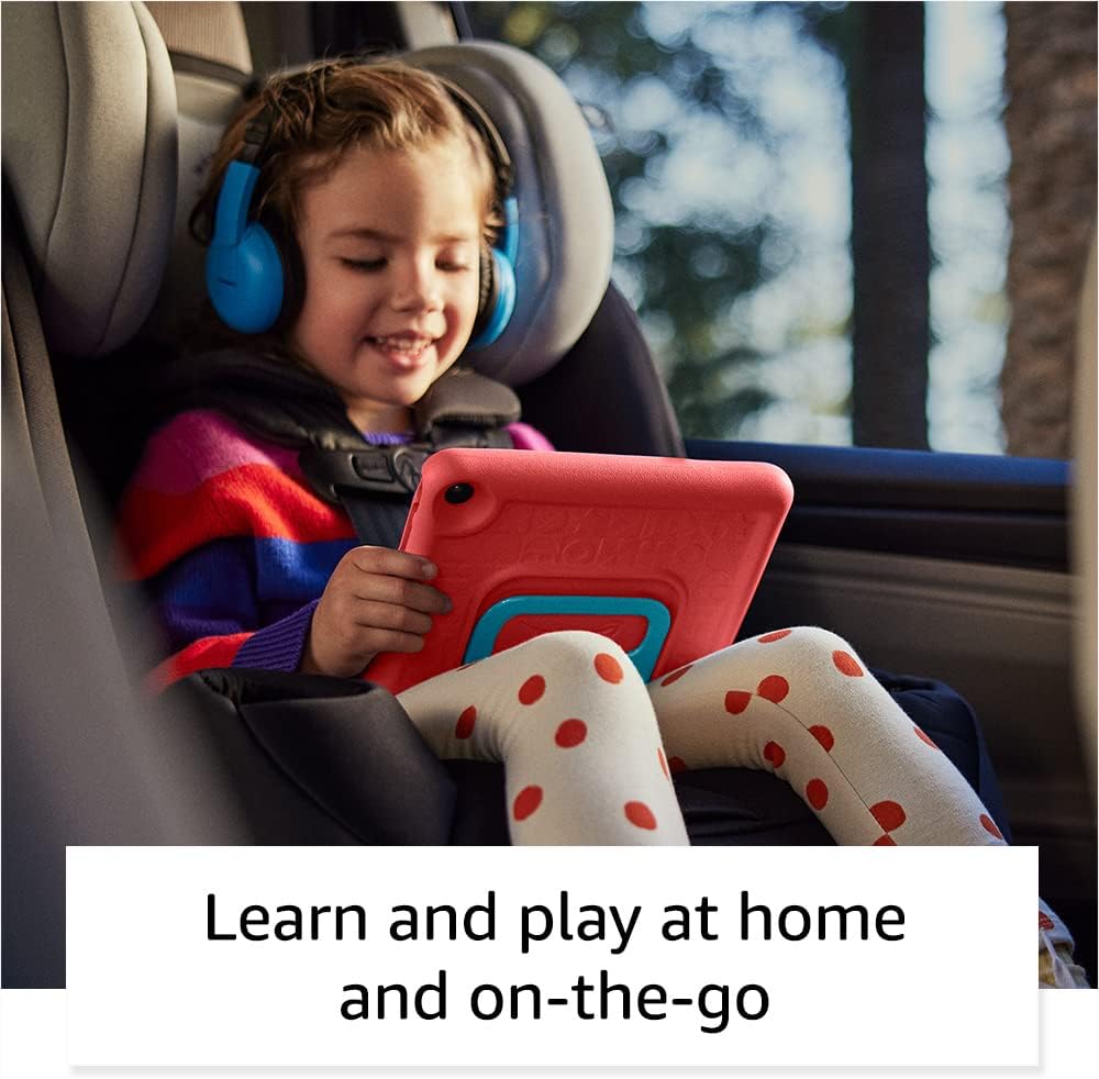 Fire 7 Kids tablet with cartoon characters on screen, surrounded by Disney, Nick, and Cartoon Network logos on a blue background.