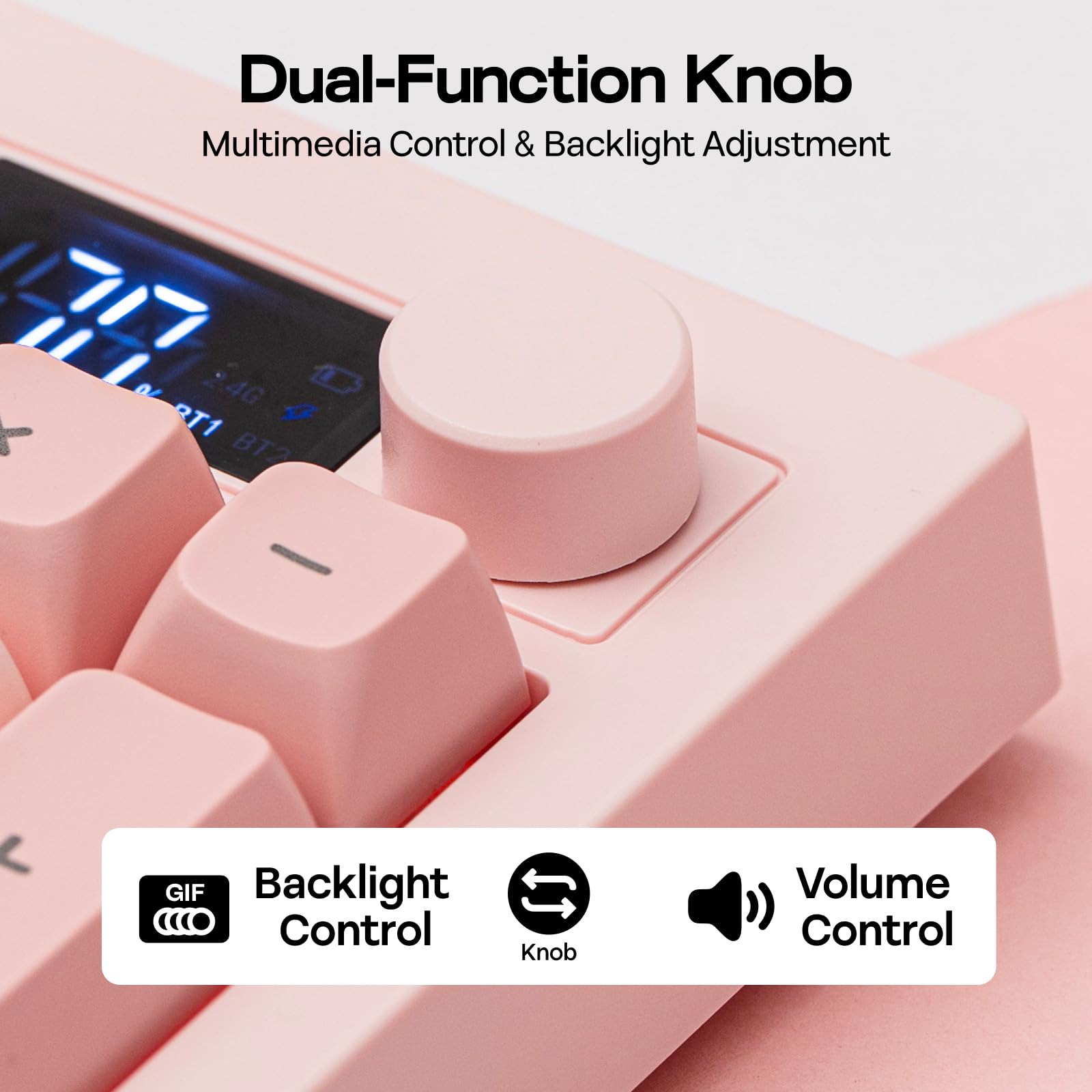Pink keyboard with dual-function knob for multimedia control and backlight adjustment.