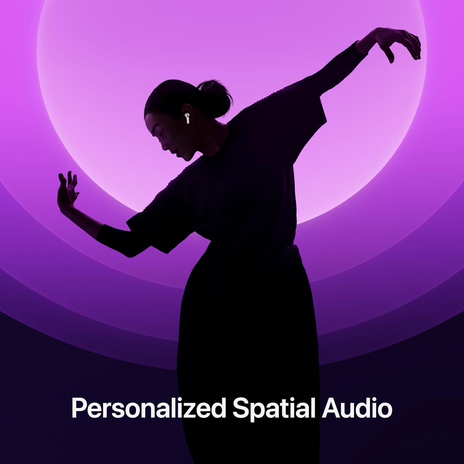 Silhouette of a person with arms outstretched against a purple background with 'Personalized Spatial Audio' text.