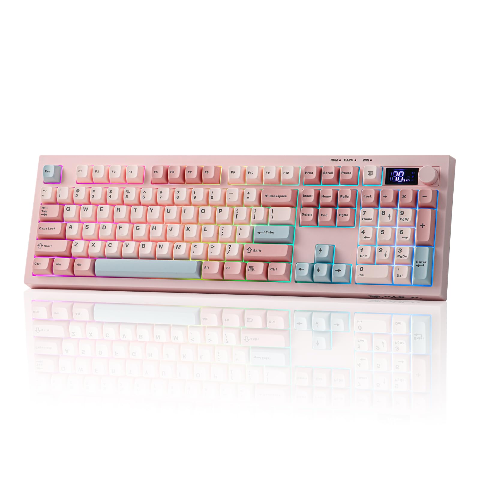 Mechanical keyboard with pastel keycaps on a white background