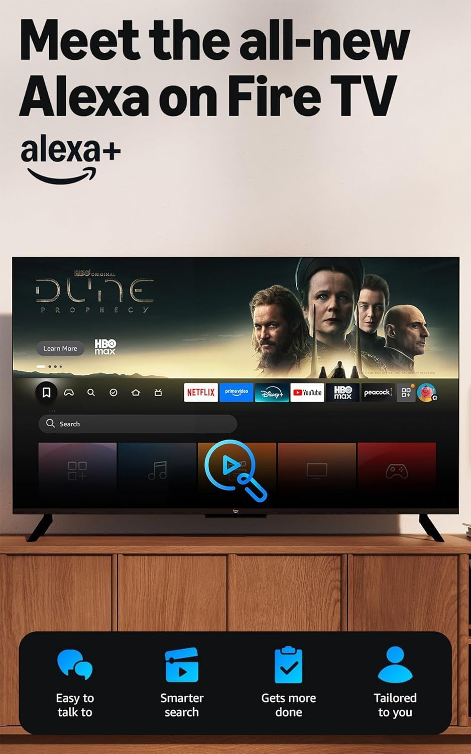 Advertisement for the all-new Alexa on Fire TV with a screen displaying streaming services.