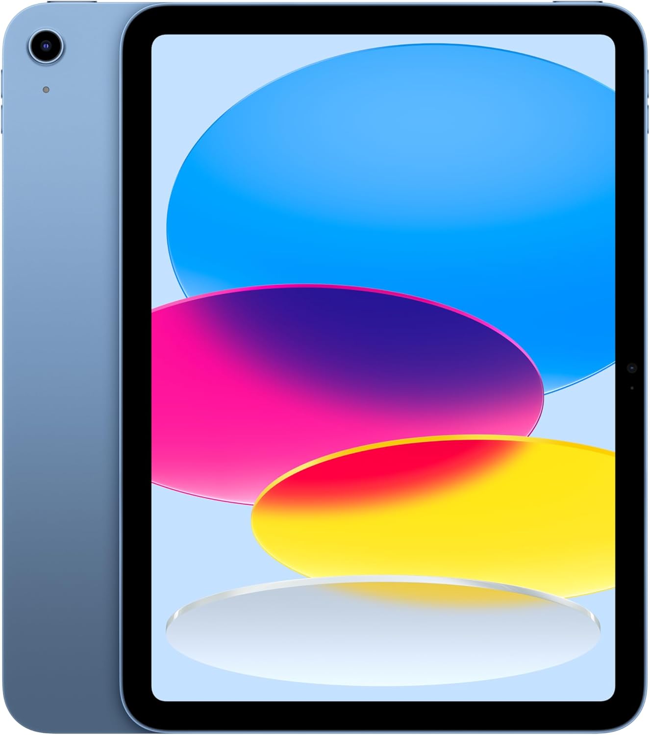 Tablet with colorful abstract design on screen against a blue background
