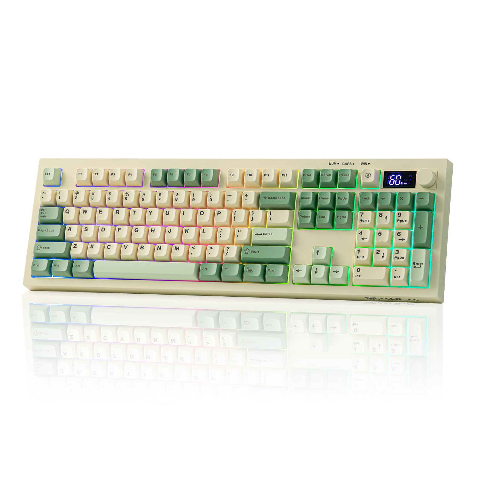 Mechanical keyboard with green and white keys on a white background