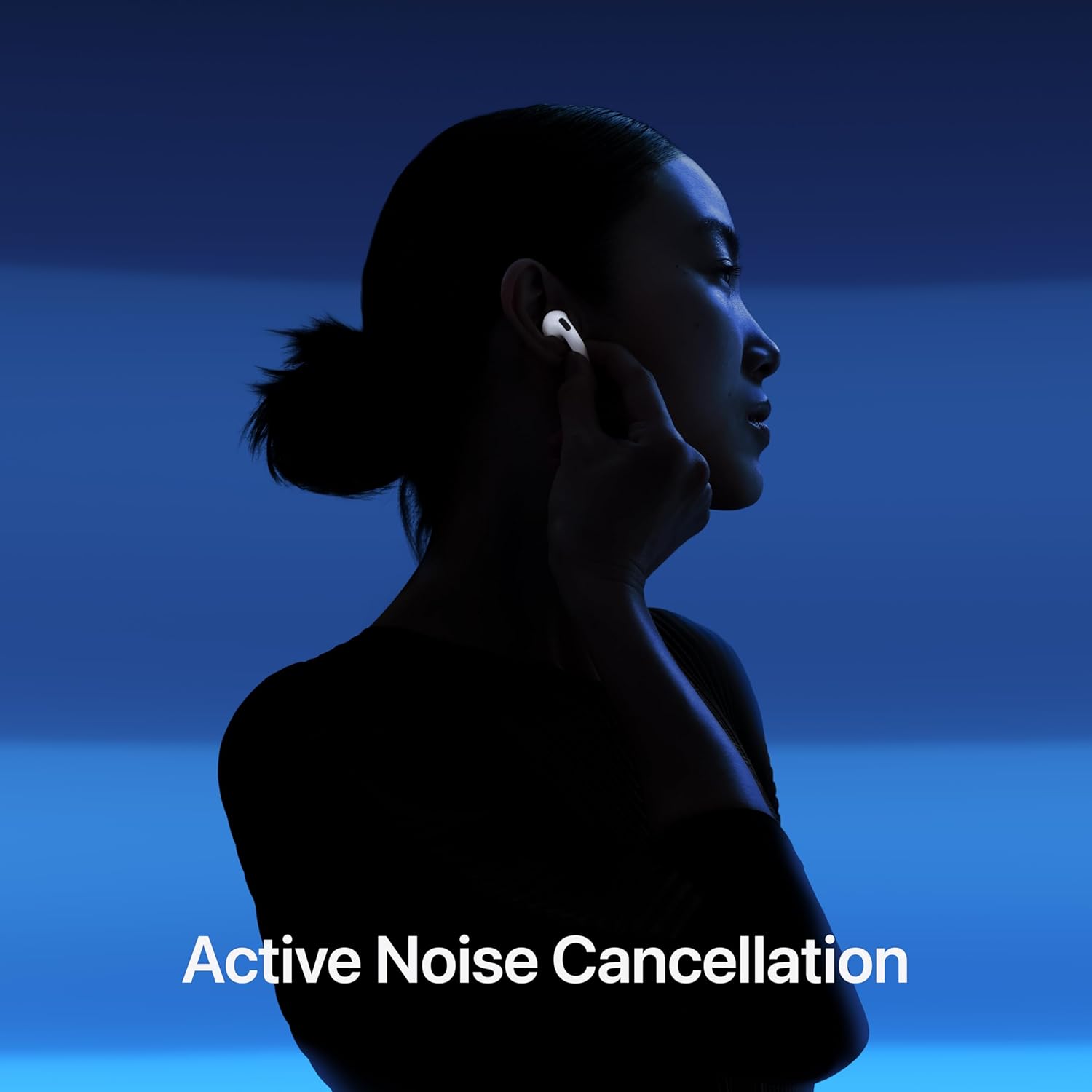 Person wearing earbuds with 'Active Noise Cancellation' text on a blue gradient background