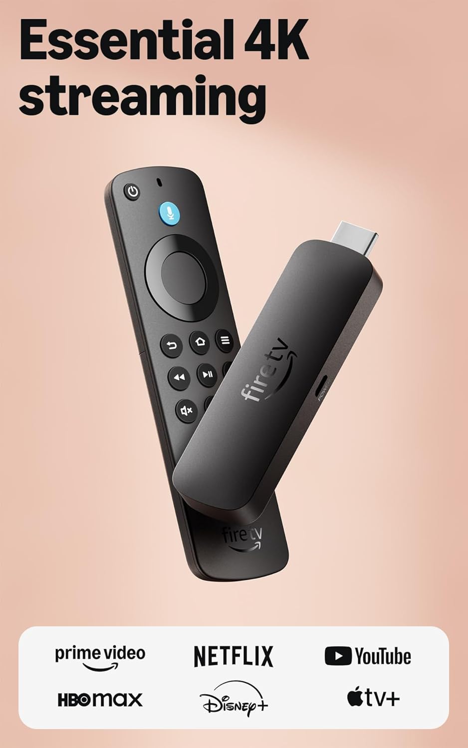 Amazon Fire TV stick with remote on a peach background, featuring streaming platform logos.