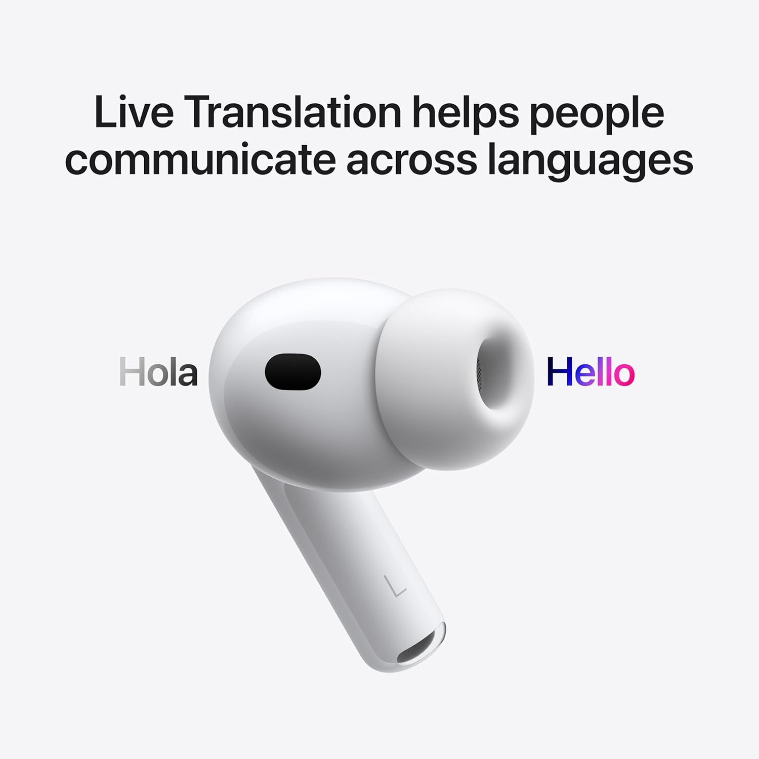White wireless earbuds with text 'Hola' and 'Hello' on a white background, promoting live translation.