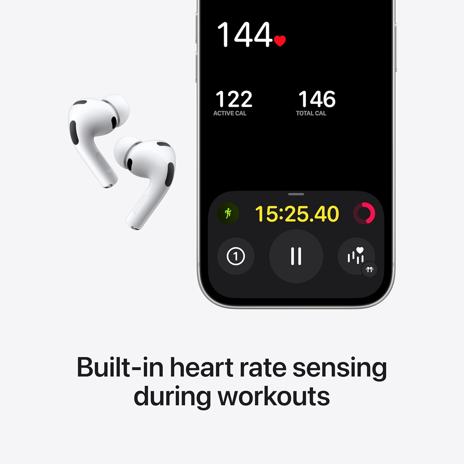 Smartphone displaying heart rate and workout metrics with wireless earbuds on a white background
