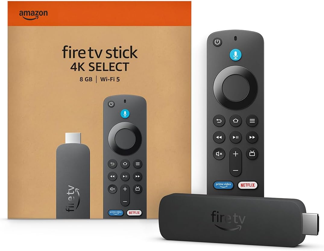 Amazon Fire TV Stick 4K Select with remote and packaging on a white background