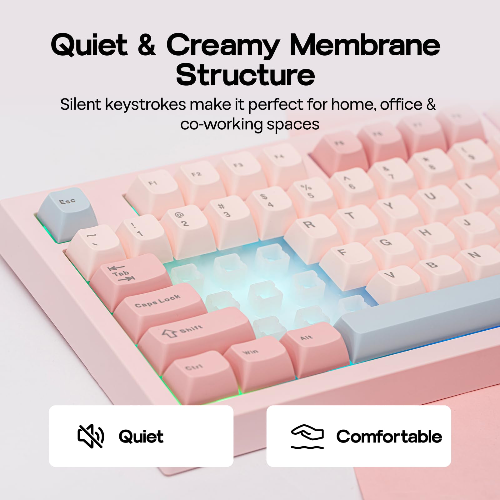 Pink keyboard with text highlighting 'Quiet & Creamy Membrane Structure' on a light gray background
