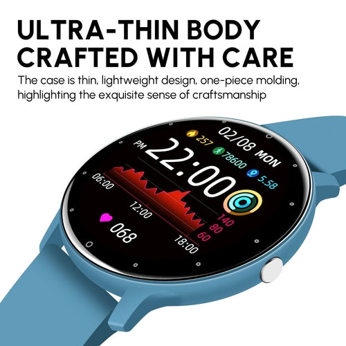 Smartwatch with a blue band on a white background, featuring text about its ultra-thin design.
