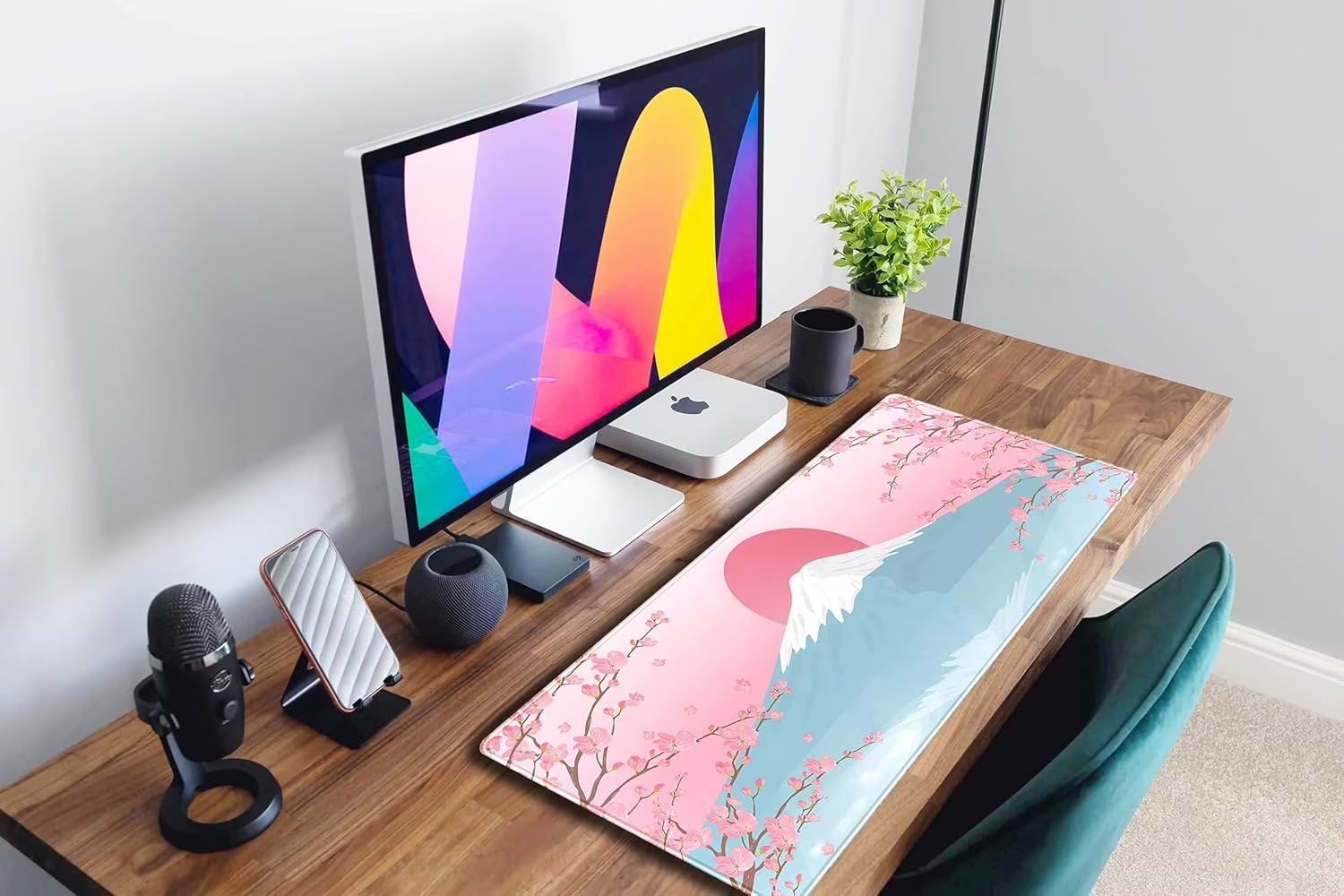 Aesthetic Japanese Cherry Blossom Desk Mat Cute Pastel Blue Color XL Sakura Gaming Mouse Pad Anime Mousepad for Women Desk Office Girl Gamer Cherry Blossoms Mouse Pads Fun Desktop Mat 31.5X11.8 In