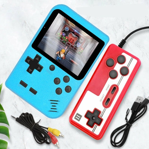 Two handheld gaming consoles, one blue and one red, with cables on a light background.
