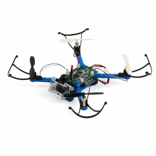 Blue and black drone with visible wiring on a white background