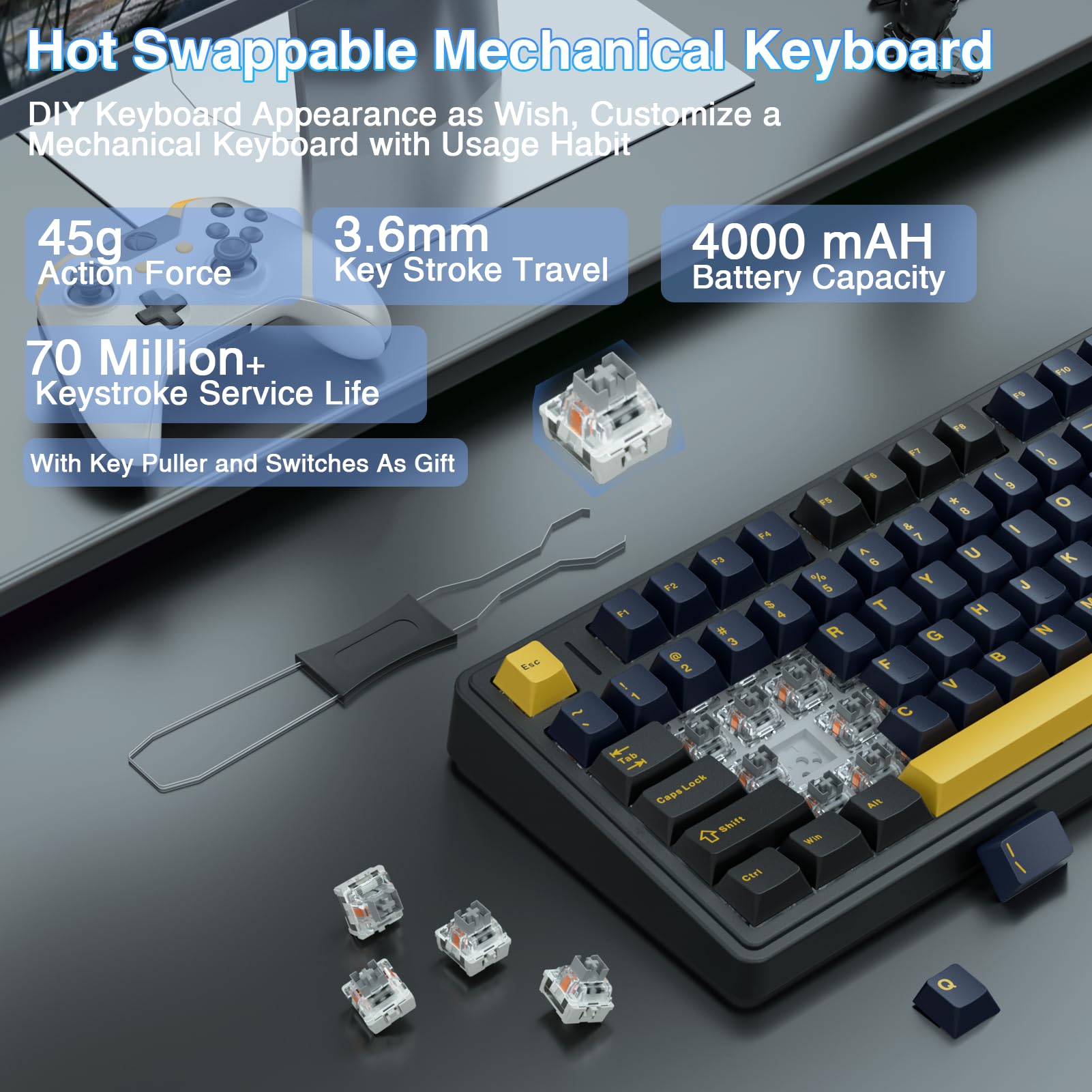 AULA F75 75% Wireless Mechanical Keyboard, Hot Swappable Creamy Keyboard, Pre-lubed Reaper Switches, 2.4GHz/Type-C/BT5.0, RGB Backlit Gaming Keyboards(White & Blue)