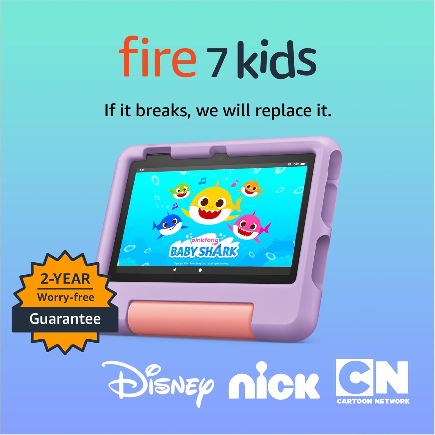 Fire 7 Kids tablet with cartoon characters on screen, surrounded by Disney, Nick, and Cartoon Network logos on a blue background.