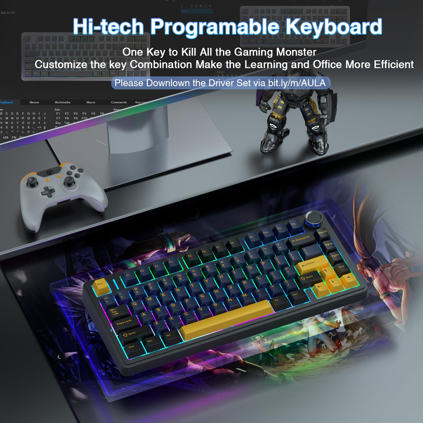 AULA F75 75% Wireless Mechanical Keyboard, Hot Swappable Creamy Keyboard, Pre-lubed Reaper Switches, 2.4GHz/Type-C/BT5.0, RGB Backlit Gaming Keyboards(White & Blue)