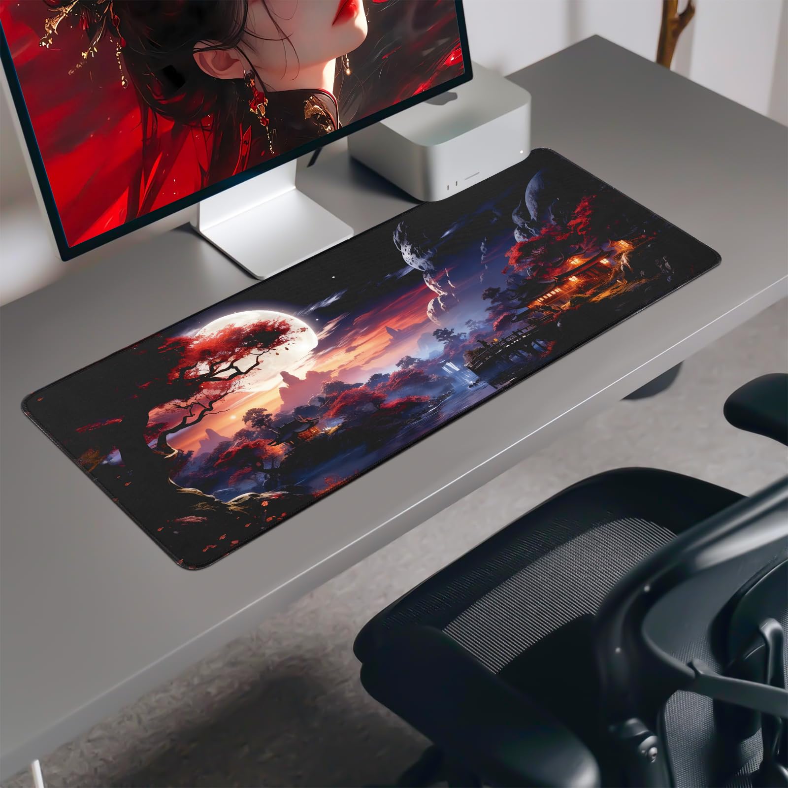 White Ukiyo-e Style Sports Car Anime Mouse Pad, Mouse Pad Gaming Mousepad,Large Mousepads with Non-Slip Rubber Base,Suitable for School,Office,Home,31.5 x 11.8 Inch