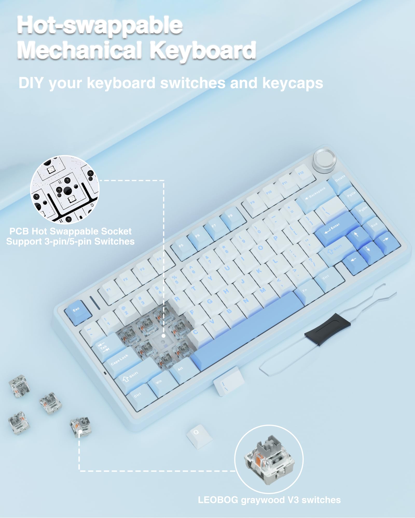 AULA F75 75% Wireless Mechanical Keyboard, Hot Swappable Creamy Keyboard, Pre-lubed Reaper Switches, 2.4GHz/Type-C/BT5.0, RGB Backlit Gaming Keyboards(White & Blue)
