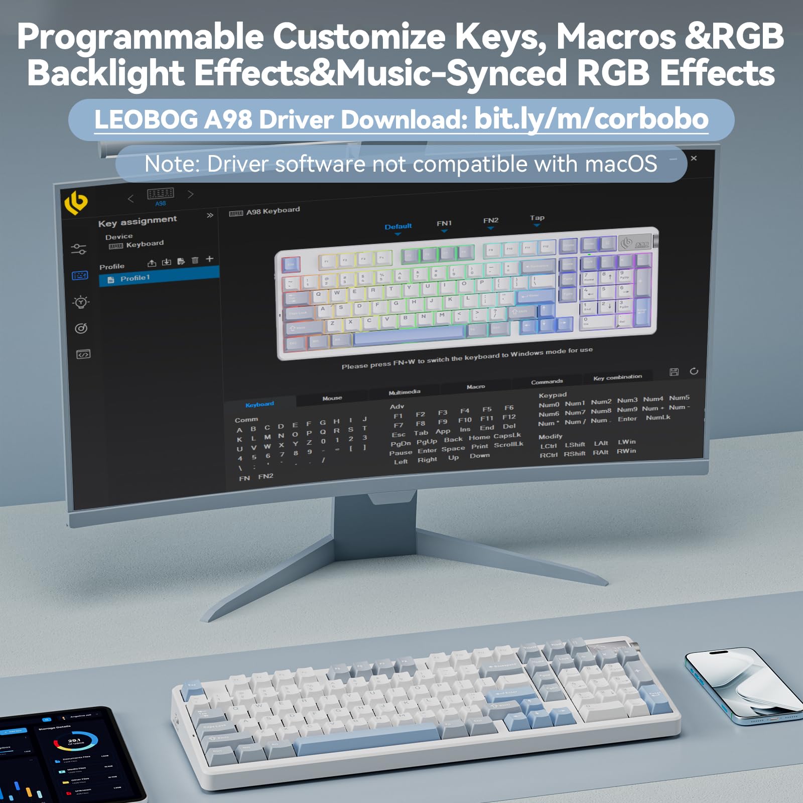 LEOBOG A98 Wireless Gaming Creamy Mechanical Keyboard with Number Pad Knob