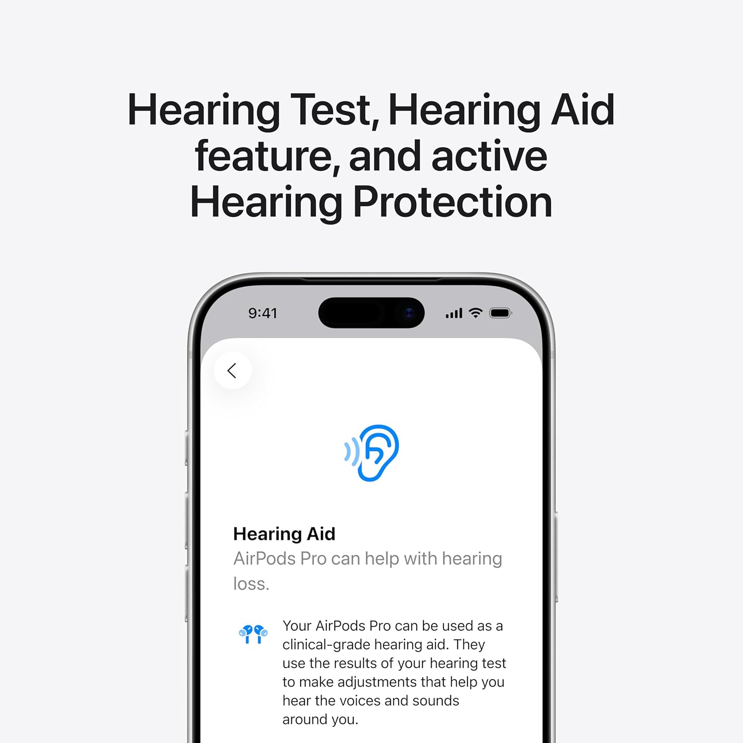 Smartphone displaying Apple AirPods Pro hearing aid feature on a white background