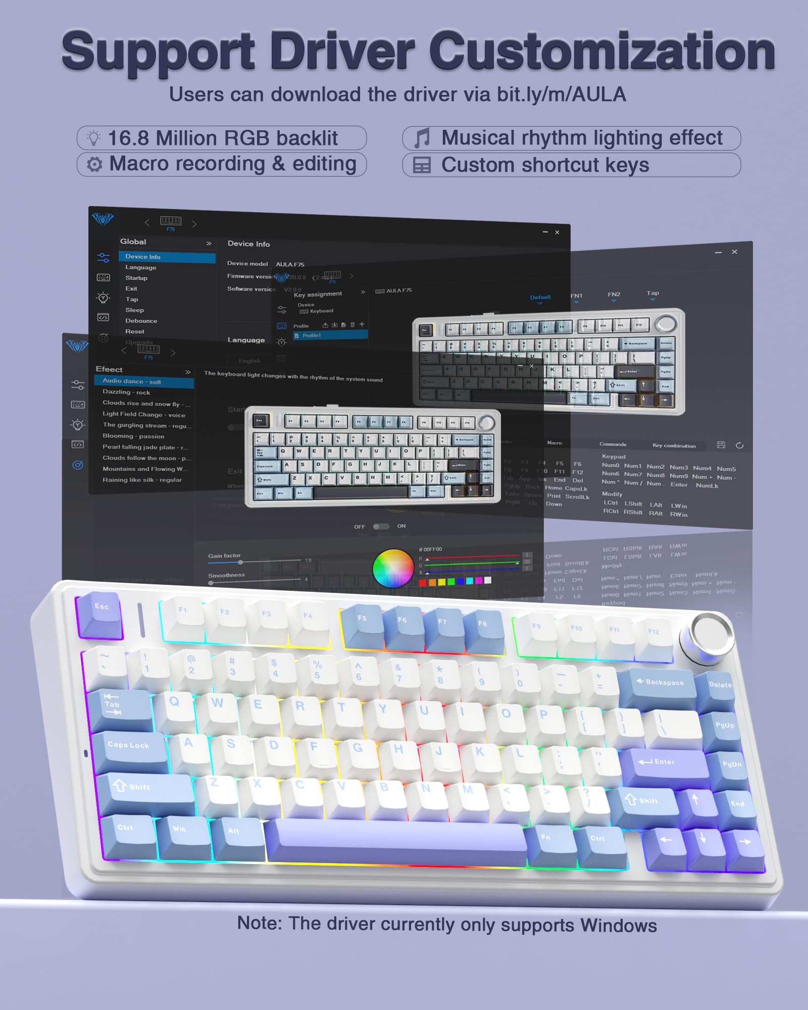AULA F75 75% Wireless Mechanical Keyboard, Hot Swappable Creamy Keyboard, Pre-lubed Reaper Switches, 2.4GHz/Type-C/BT5.0, RGB Backlit Gaming Keyboards(White & Blue)
