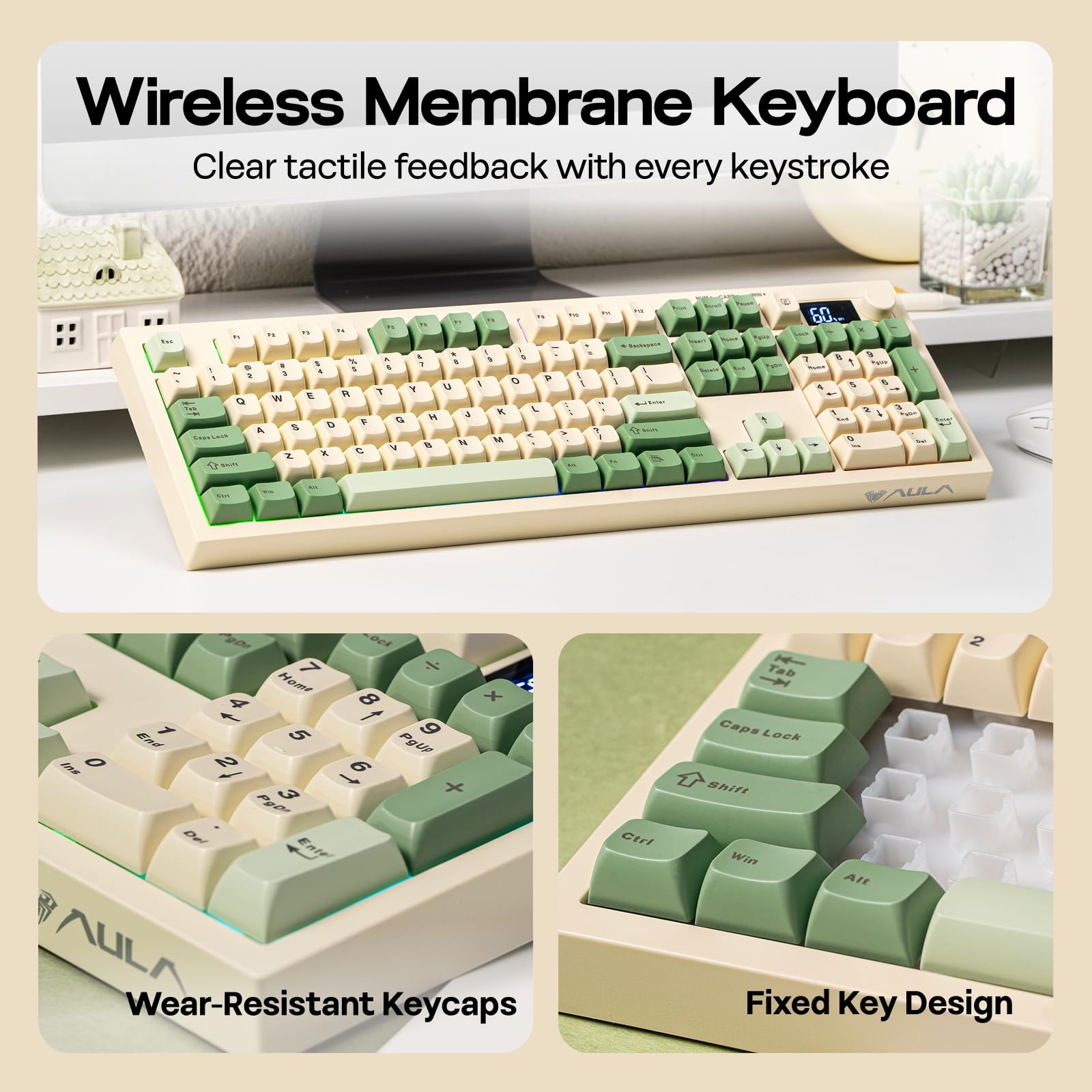 Wireless membrane keyboard with green and beige keys on a desk.