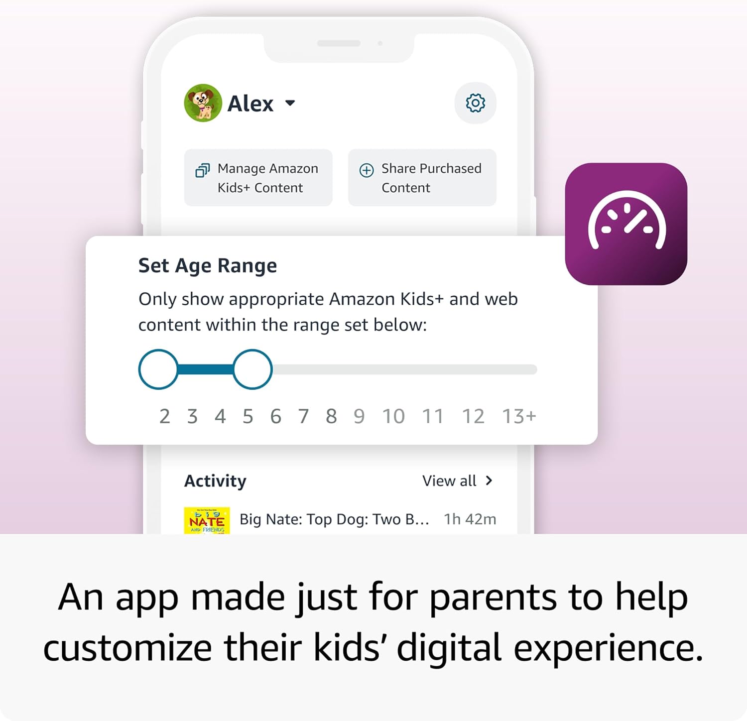 Screen of an app interface with a focus on parental controls for children's digital content.