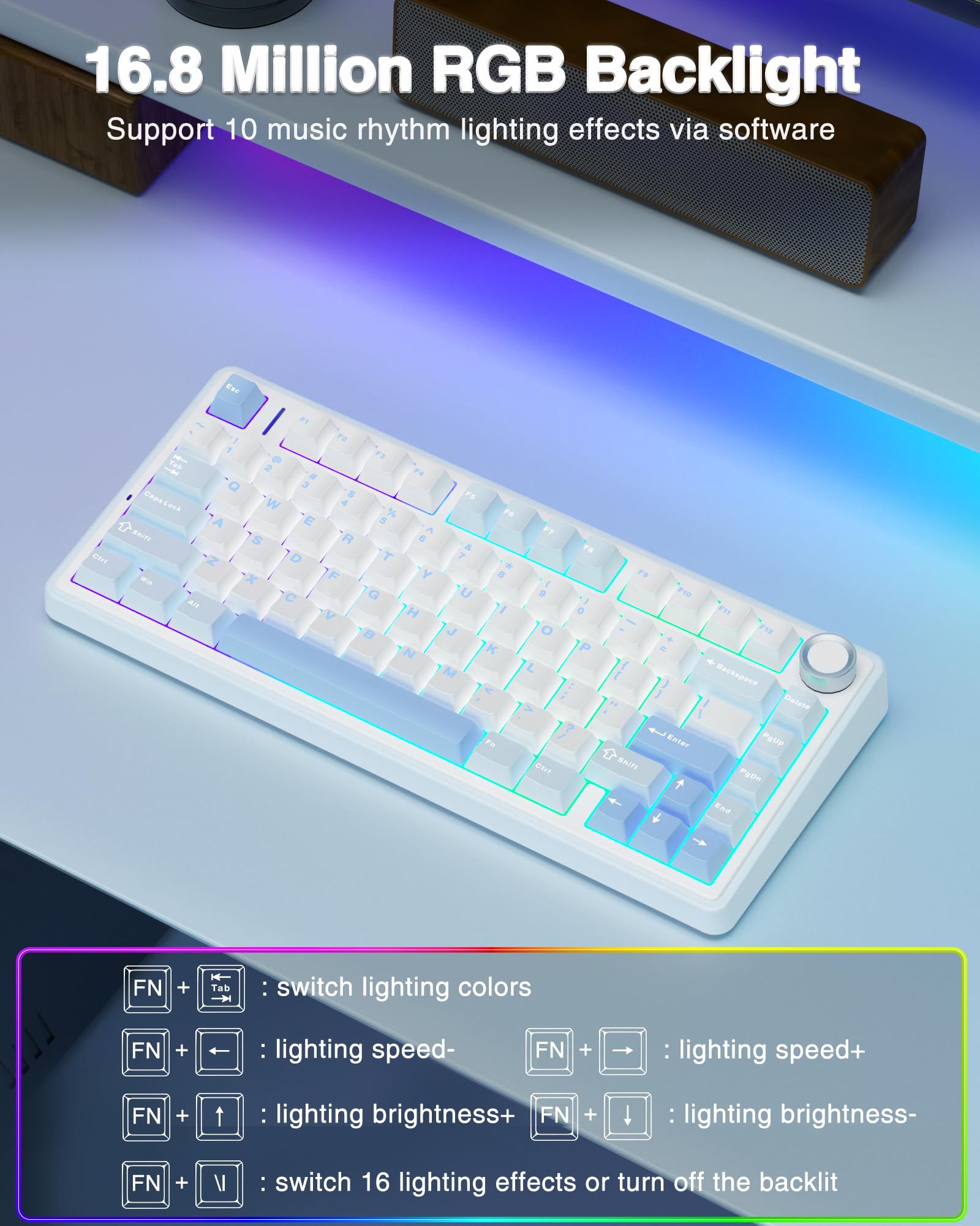 AULA F75 75% Wireless Mechanical Keyboard, Hot Swappable Creamy Keyboard, Pre-lubed Reaper Switches, 2.4GHz/Type-C/BT5.0, RGB Backlit Gaming Keyboards(White & Blue)