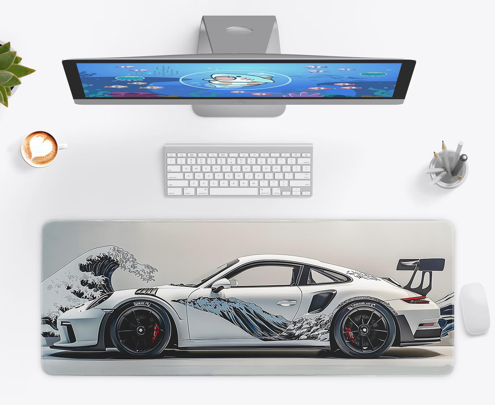 White Ukiyo-e Style Sports Car Anime Mouse Pad, Mouse Pad Gaming Mousepad,Large Mousepads with Non-Slip Rubber Base,Suitable for School,Office,Home,31.5 x 11.8 Inch