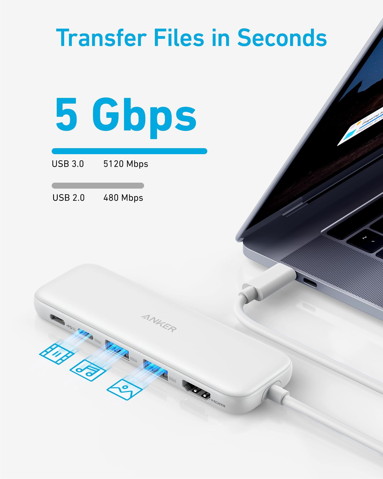 USB hub with laptop, showing transfer speeds on a white background